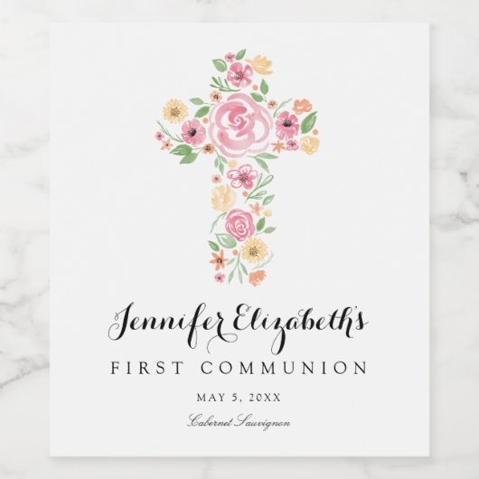 Roze Waterverf Bloemkruis Eerste Heilige Communie Wijn Etiket (Enkel label)