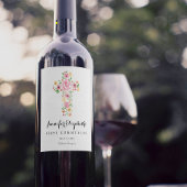 Roze Waterverf Bloemkruis Eerste Heilige Communie Wijn Etiket