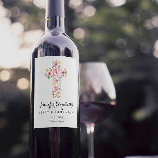 Roze Waterverf Bloemkruis Eerste Heilige Communie Wijn Etiket