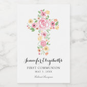 Roze Waterverf Bloemkruis Eerste Heilige Communie Wijn Etiket (Enkel label)