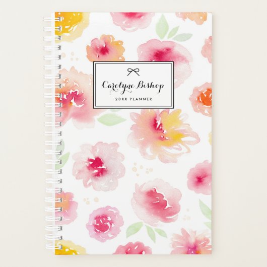 Roze Waterverf Bloempatroon gepersonaliseerd Planner (Voorkant)