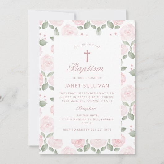 Roze Waterverf Bloemrijke Meisje Doop Kaart (Voorkant)