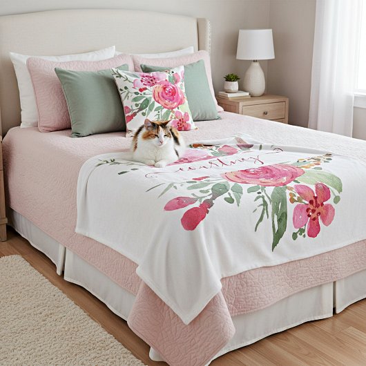 Roze waterverf bloemstuk gepersonaliseerd fleece deken