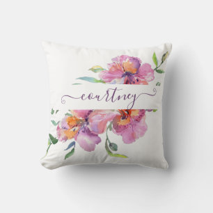 Roze waterverf bloemstuk gepersonaliseerd kussen