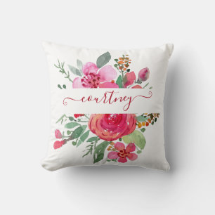 Roze waterverf bloemstuk gepersonaliseerd  kussen