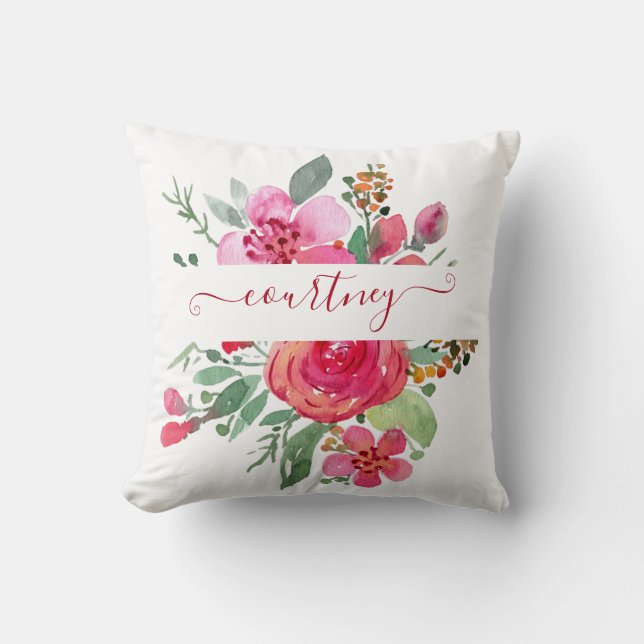 Roze waterverf bloemstuk gepersonaliseerd  kussen (Voorkant)