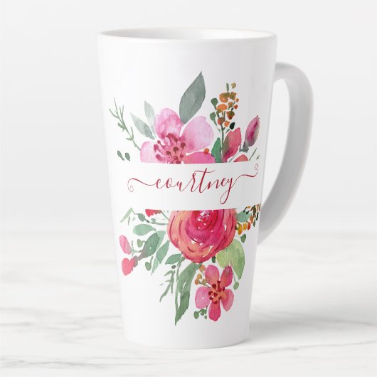 Roze waterverf bloemstuk gepersonaliseerd latte mok (Rechterhoek)