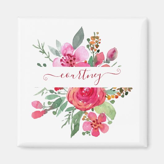 Roze waterverf bloemstuk gepersonaliseerd magneet (Voorkant)