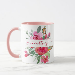 Roze waterverf bloemstuk gepersonaliseerd mok