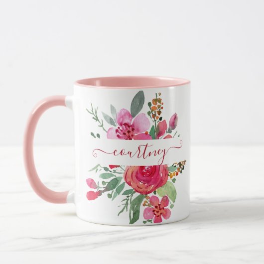 Roze waterverf bloemstuk gepersonaliseerd mok (Links)