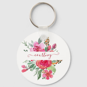 Roze waterverf bloemstuk gepersonaliseerd  sleutelhanger