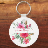 Roze waterverf bloemstuk gepersonaliseerd sleutelhanger (Voorkant)
