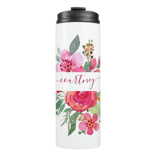 Roze waterverf bloemstuk gepersonaliseerd thermosbeker (Voorkant)