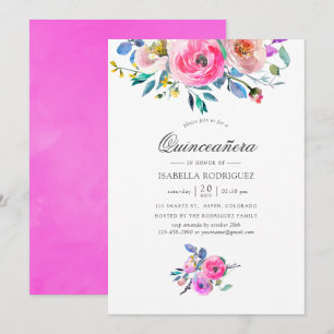 Roze waterverf bloemstuk Quinceañera Kaart