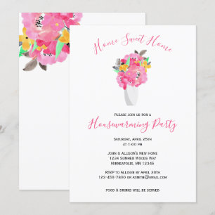 Roze Waterverf Boeket   Floral Housewarming Kaart
