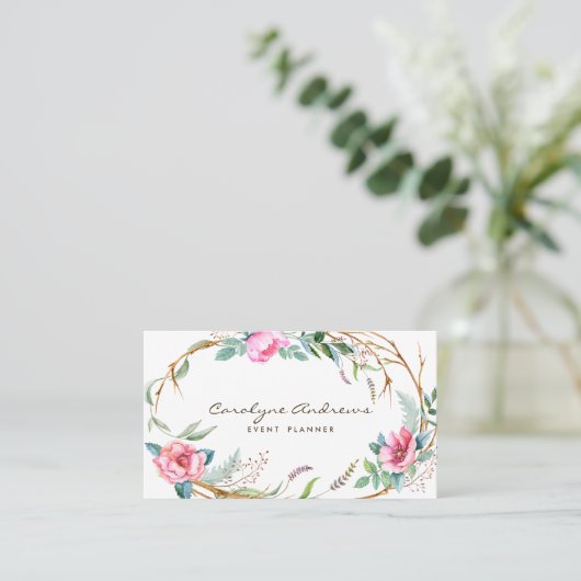 Roze Waterverf Bohemian Floral Wreater Visitekaartje (Staand voorkant)