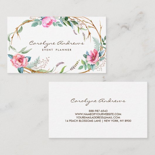 Roze Waterverf Bohemian Floral Wreater Visitekaartje (Voorkant / Achterkant)
