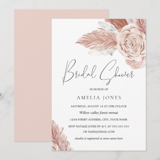 Roze Waterverf Boho Bloemen Bruidsdouche Kaart (Voorkant / Achterkant)