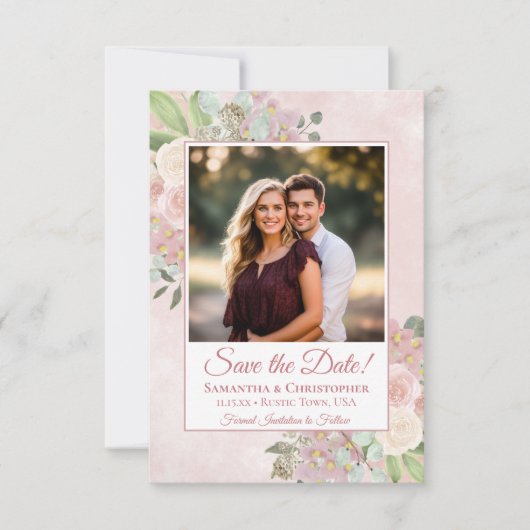 Roze Waterverf Boho Chic Bloemen Fotobruiloft Save The Date (Voorkant)