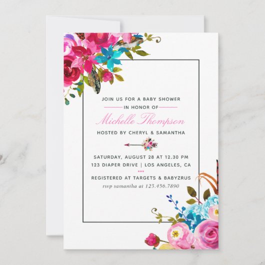 Roze Waterverf Boho Chic Floral Baby shower Kaart (Voorkant)