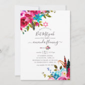 Roze Waterverf Boho Chic Floral Bat Mitzvah Kaart (Voorkant)