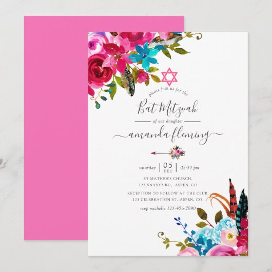 Roze Waterverf Boho Chic Floral Bat Mitzvah Kaart (Voorkant / Achterkant)