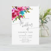 Roze Waterverf Boho Chic Floral Wedding Invite Kaart (Staand voorkant)