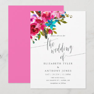Roze Waterverf Boho Chic Floral Wedding Invite Kaart