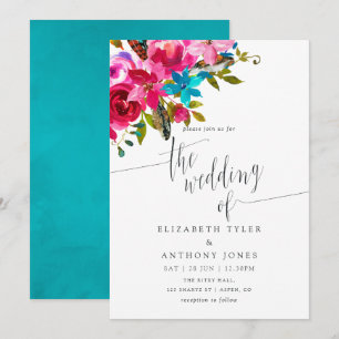 Roze Waterverf Boho Chic Floral Wedding Invite Kaart