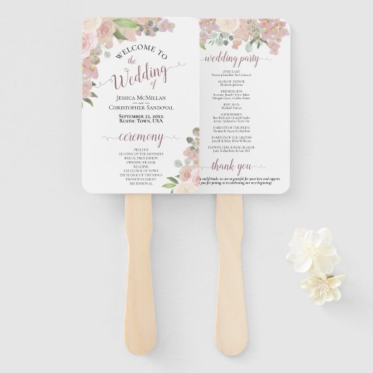 Roze Waterverf Boho Chic Floral Wedding Programme Handwaaier (Voorkant en achterkant)