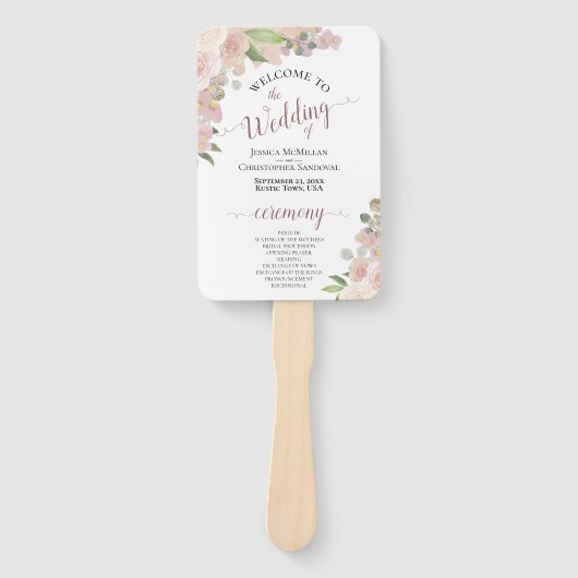 Roze Waterverf Boho Chic Floral Wedding Programme Handwaaier (Voorkant)