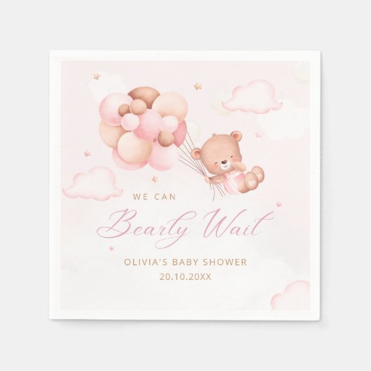 Roze Waterverf Boho Meisje Teddy Bear Baby shower Servet (Voorkant)