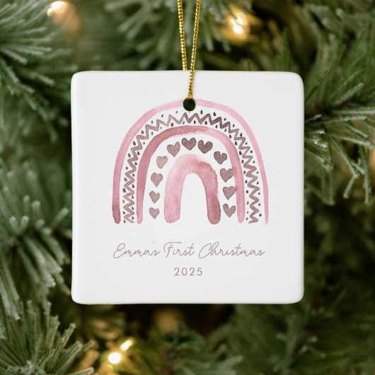 Roze Waterverf Boho Rainbow Eerste Kerstmis Keramisch Ornament (Boom)