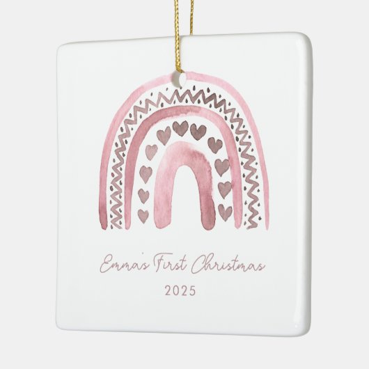 Roze Waterverf Boho Rainbow Eerste Kerstmis Keramisch Ornament (Links)