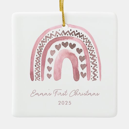 Roze Waterverf Boho Rainbow Eerste Kerstmis Keramisch Ornament (Voorkant)
