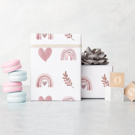 Roze Waterverf Boho Rainbow Wrapping Paper Cadeaupapier (Baby Shower)