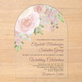Roze Waterverf Boho Rozen Elegant Boog Huwelijk Acryl Uitnodigingen (Voorkant)