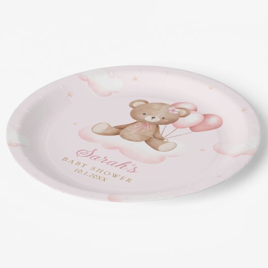 roze Waterverf Boho Teddy Bear Girl Baby shower Papieren Bordje (Gekanteld)