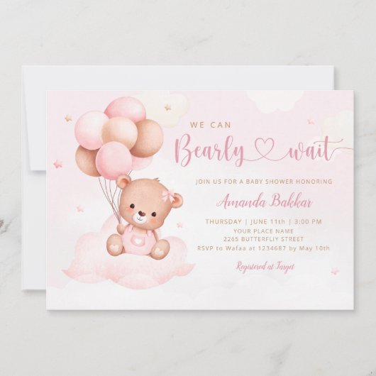 Roze Waterverf Boho Teddy Bear Meisje Baby shower Kaart (Voorkant)