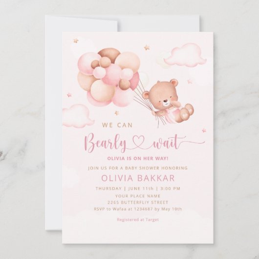 Roze Waterverf Boho Teddy Bear Meisje Baby shower Kaart (Voorkant)