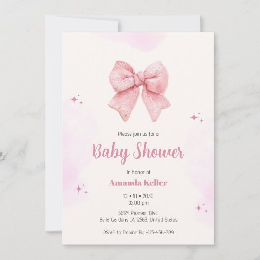 Roze Waterverf Bow Baby shower Uitnodiging (Voorkant)