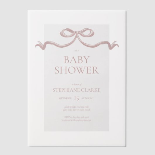 Roze Waterverf Bow Baby shower Vellum Uitnodigingen (Voorkant)