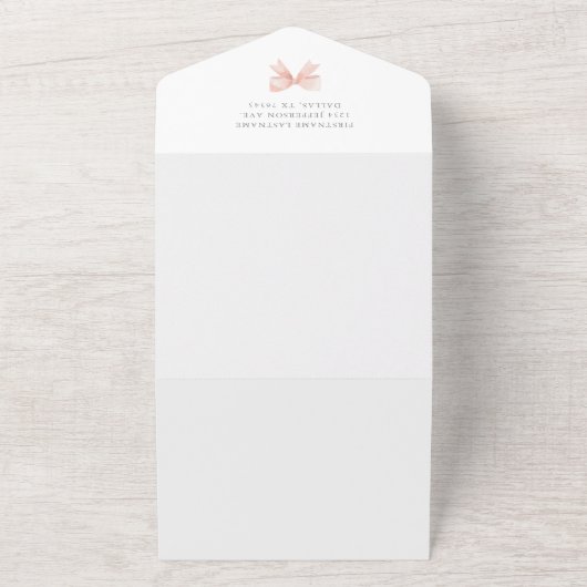 Roze Waterverf Bow Meisje Baby shower All In One Uitnodiging (Buitenkant)