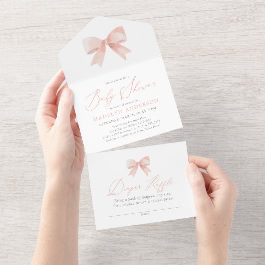 Roze Waterverf Bow Meisje Baby shower All In One Uitnodiging (Afscheurbaar)