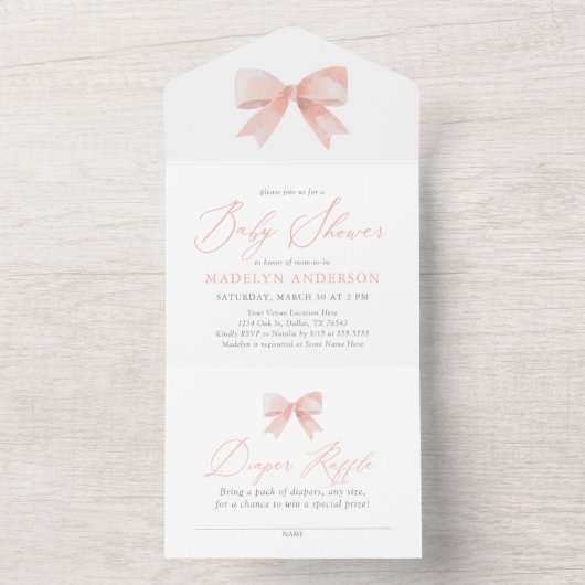 Roze Waterverf Bow Meisje Baby shower All In One Uitnodiging (Binnen)