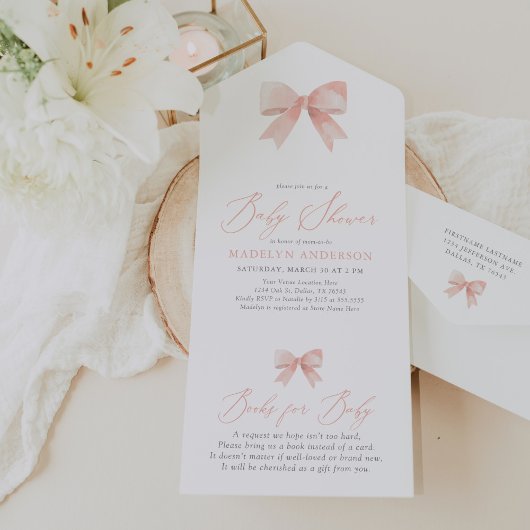Roze Waterverf Bow Meisje Baby shower All In One Uitnodiging