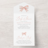 Roze Waterverf Bow Meisje Baby shower All In One Uitnodiging (Binnen)