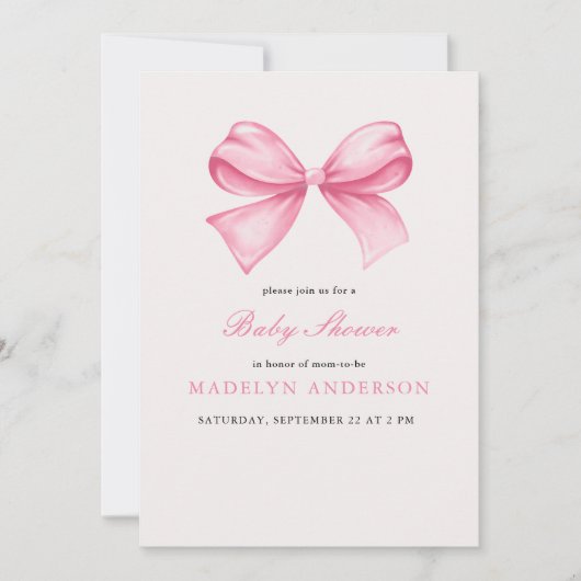 Roze Waterverf Bow Meisje Baby shower Invitation Kaart (Voorkant)