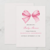 Roze Waterverf Bow Meisje Baby shower Invitation Kaart (Voorkant / Achterkant)