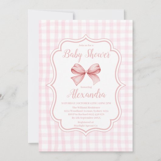 Roze Waterverf Bow Meisje Baby shower Kaart (Voorkant)